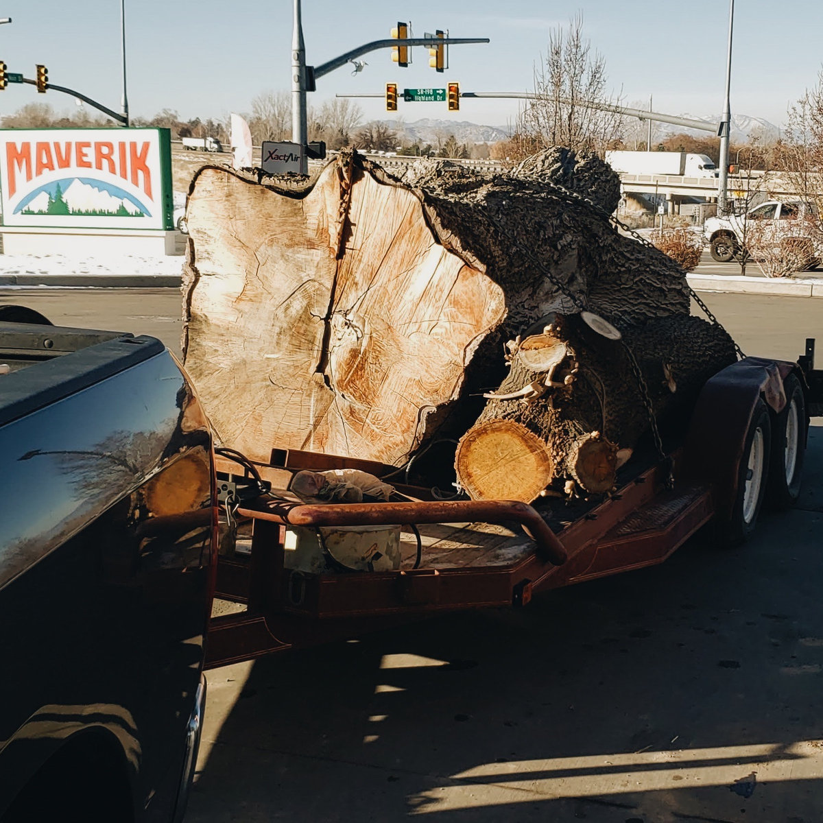A giant log round loaded on a trailer