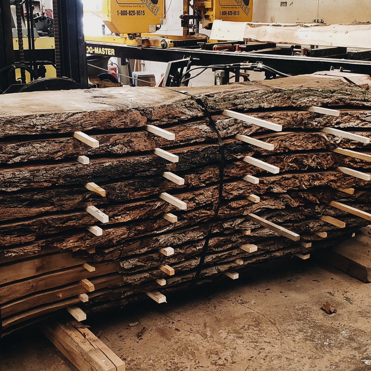 A bundle of stickered live-edge slabs drying